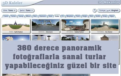 360 derece panoramik fotoğraflarla sanal turlar yapabileceğiniz 3D Mekanlar sitesi