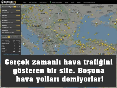 Gerçek zamanlı hava trafiğini gösteren Flightradar24 uçuş takip sitesi
